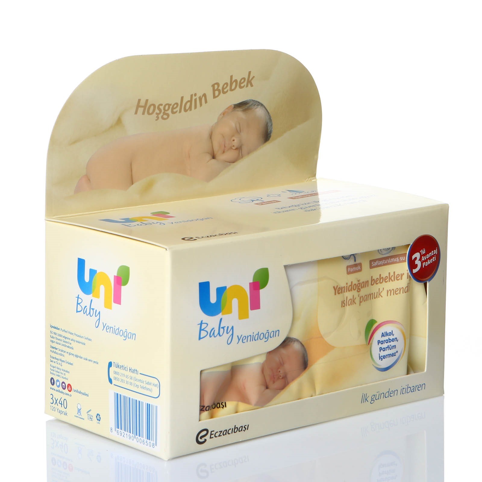 Uni Baby Yeni Doğan Islak Pamuk Mendil 3lü ( 120 Adet ) Orjinal