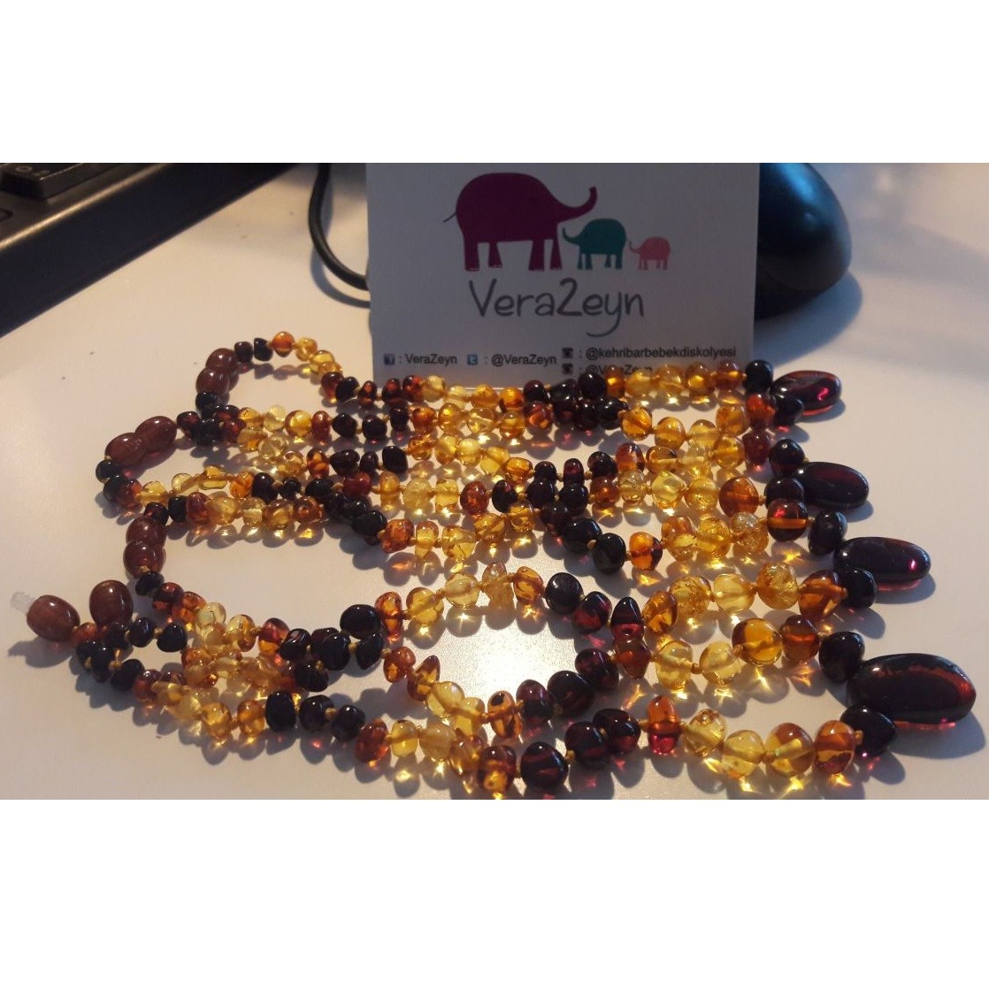 VeraZeyn Kolye Uçlu Kehribar Bebek Diş Kolyesi 3 Cognac&3Cherry Orjinal