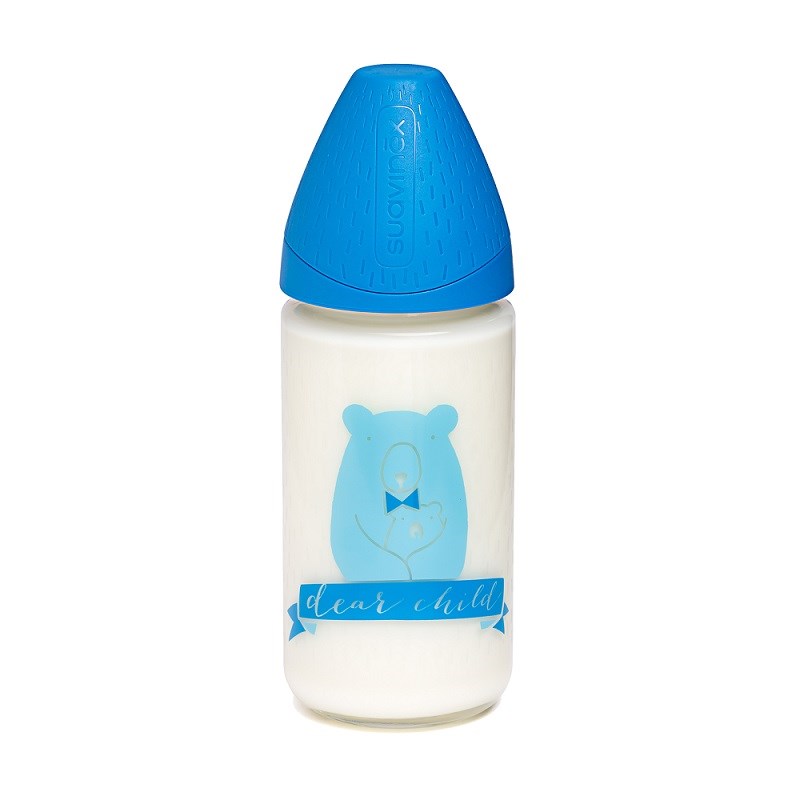 Suavinex Üç Pozisyonlu Silikon Yuvarlak Uç Geniş Ağız Cam Biberon 240 ml Mavi