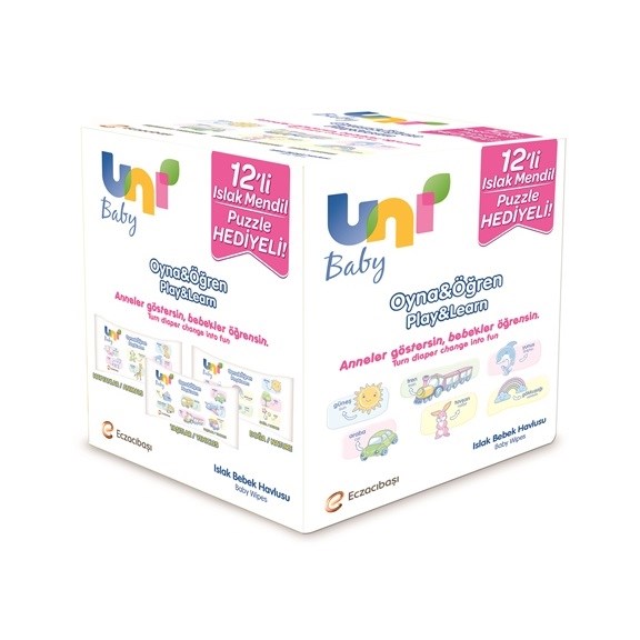 Uni Baby Oyna Öğren Islak Mendil 12 li Paket - Puzzle Hediyeli Orjinal