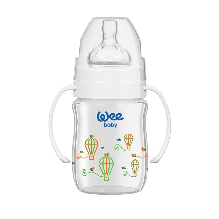 Wee Isıya Dayanıklı Kulplu Geniş Ağızlı Cam Biberon 0-6 Ay 120 ml Beyaz