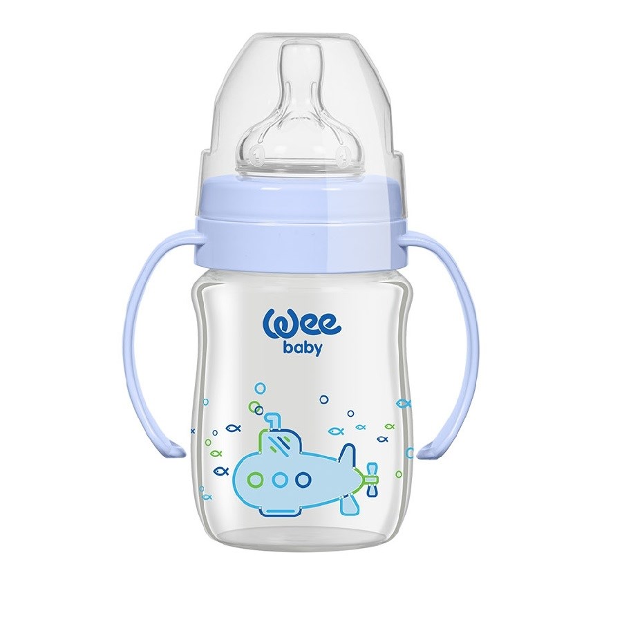 Wee Isıya Dayanıklı Kulplu Geniş Ağızlı Cam Biberon 0-6 Ay 120 ml Mavi