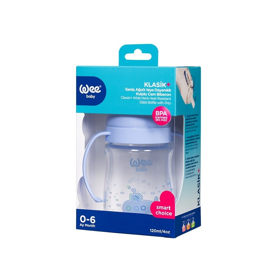 Wee Isıya Dayanıklı Kulplu Geniş Ağızlı Cam Biberon 0-6 Ay 120 ml Mavi