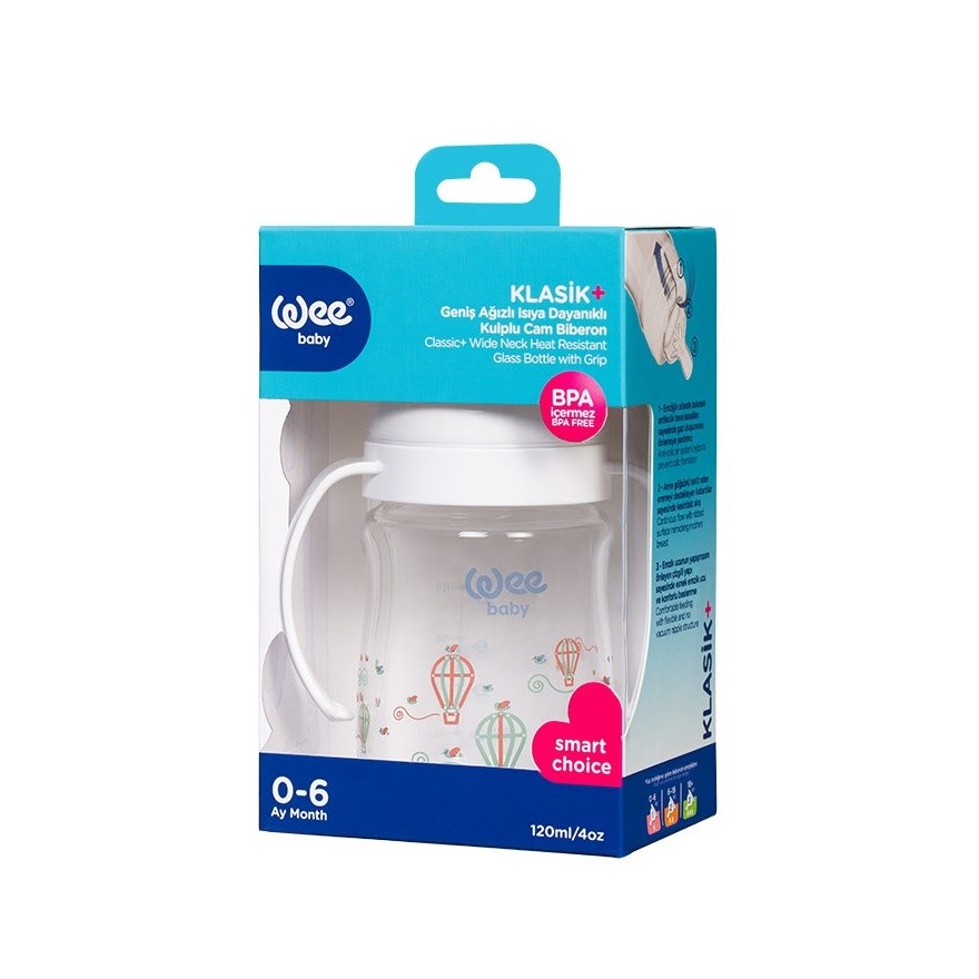 Wee Isıya Dayanıklı Kulplu Geniş Ağızlı Cam Biberon 0-6 Ay 120 ml Beyaz