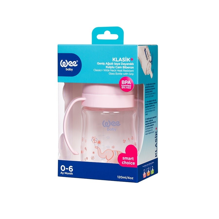 Wee Isıya Dayanıklı Kulplu Geniş Ağızlı Cam Biberon 0-6 Ay 120 ml Pembe