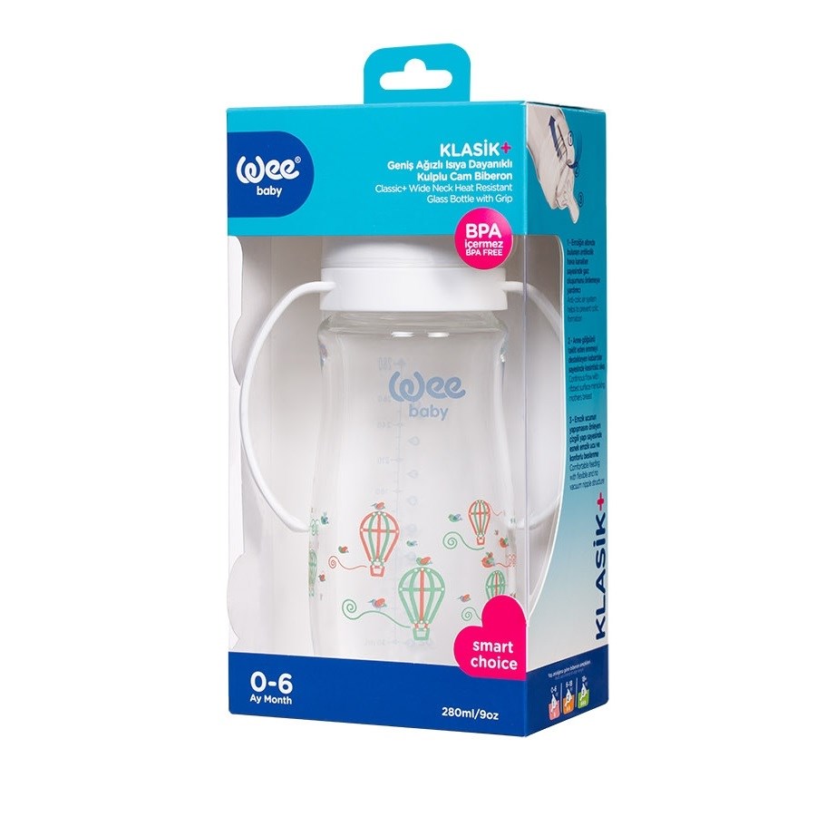 Wee Isıya Dayanıklı Kulplu Geniş Ağızlı Cam Biberon 0-6 Ay 280 ml Beyaz