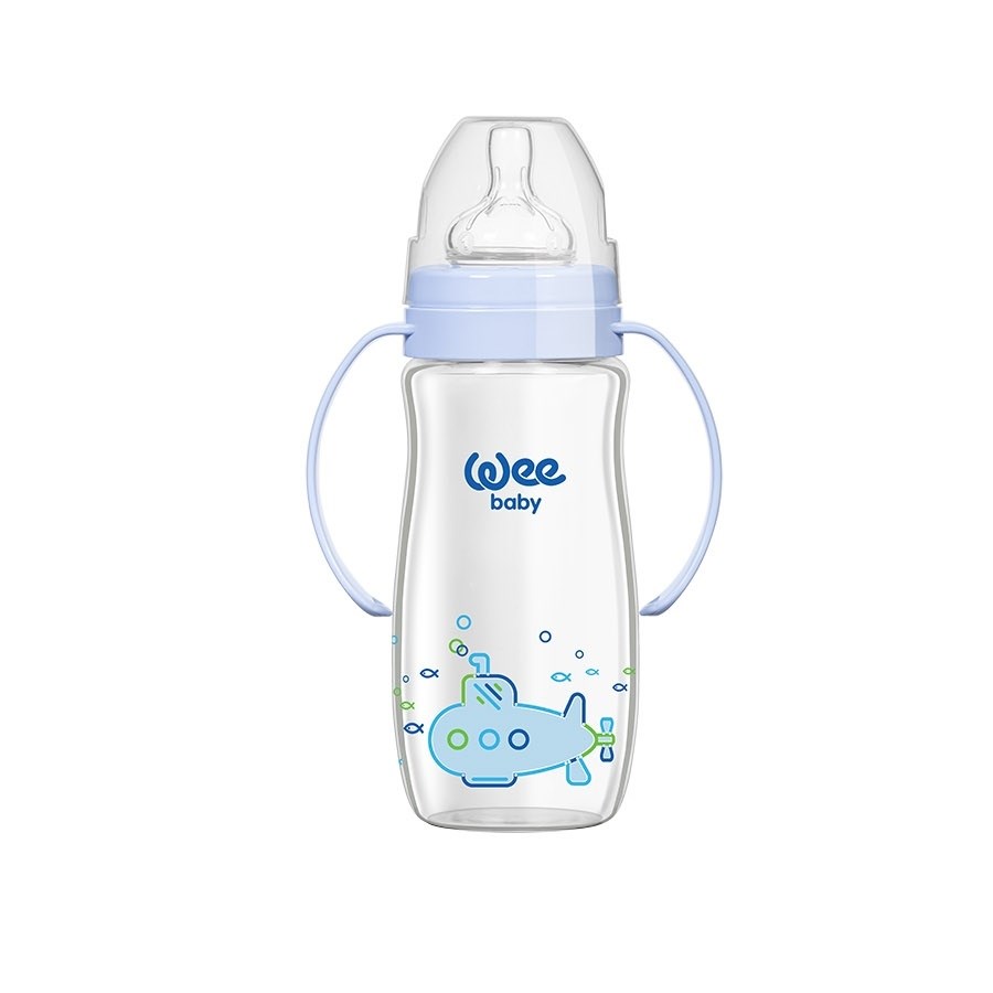 Wee Isıya Dayanıklı Kulplu Geniş Ağızlı Cam Biberon 0-6 Ay 280 ml Mavi