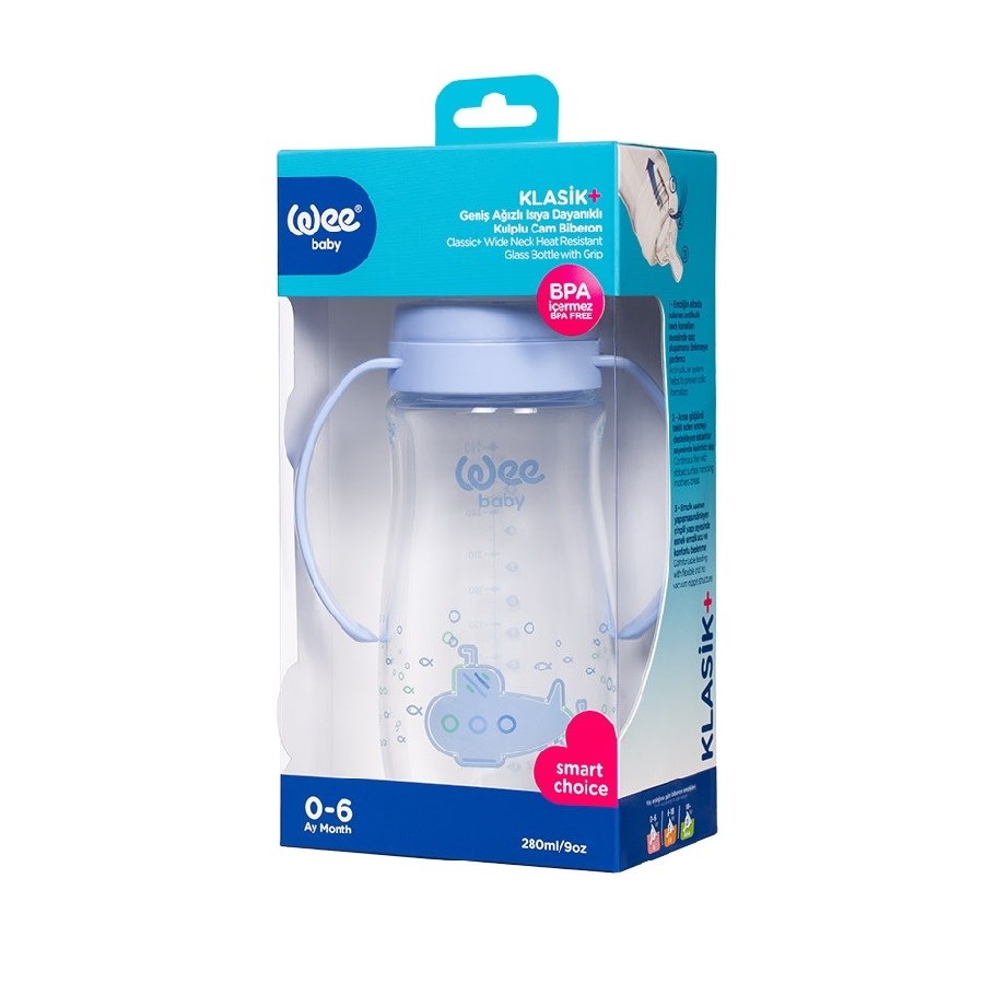 Wee Isıya Dayanıklı Kulplu Geniş Ağızlı Cam Biberon 0-6 Ay 280 ml Mavi