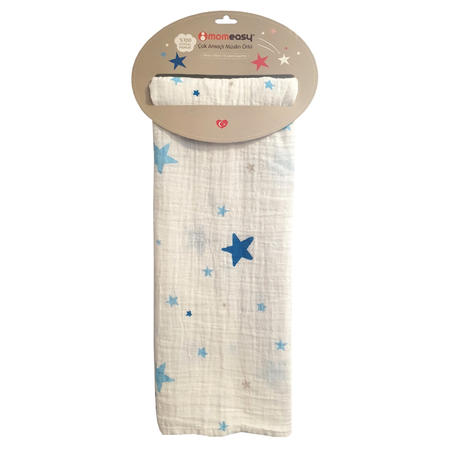 Momeasy Mavi Yıldız Tekli Müslin Battaniye 100x120 cm Beyaz