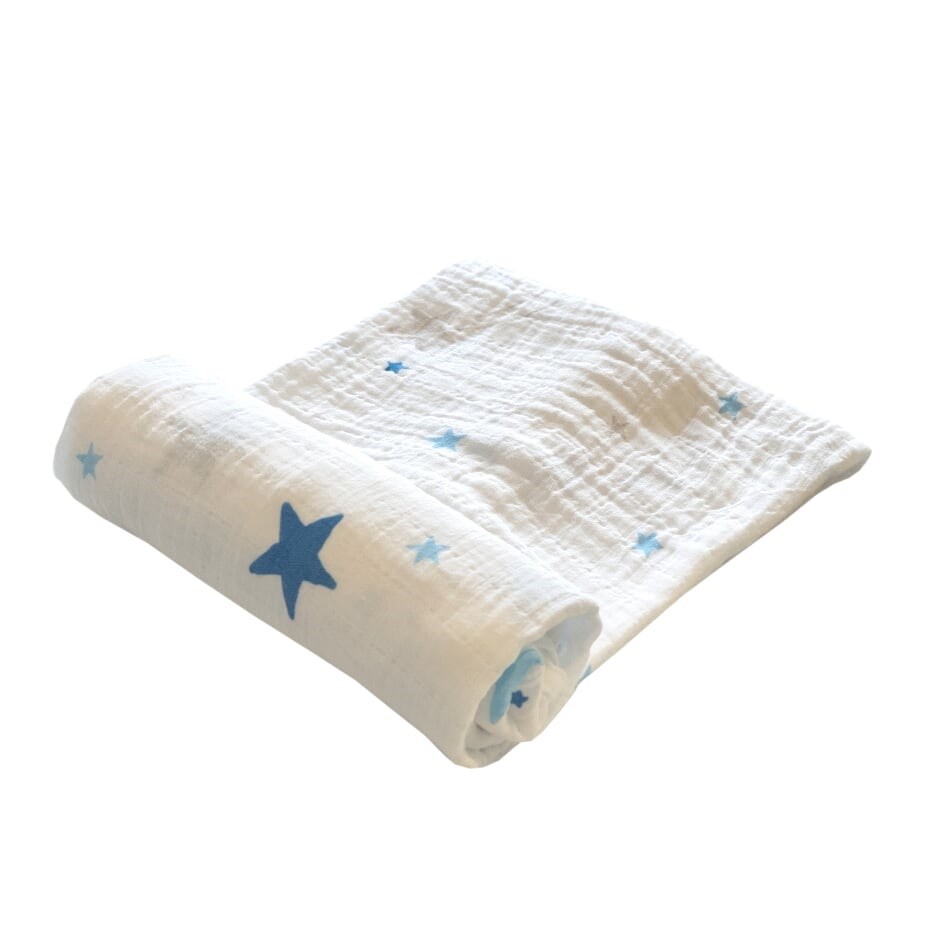 Momeasy Mavi Yıldız Tekli Müslin Battaniye 100x120 cm Beyaz