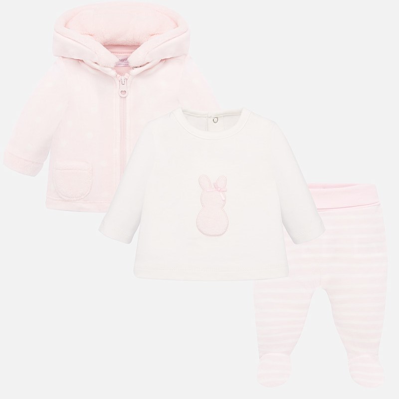 Mayoral Kışlık Kız Bebek Tavşanlı Bluz Patikli Pantolon Kapşonlu Ceket 3'lü Set Pembe
