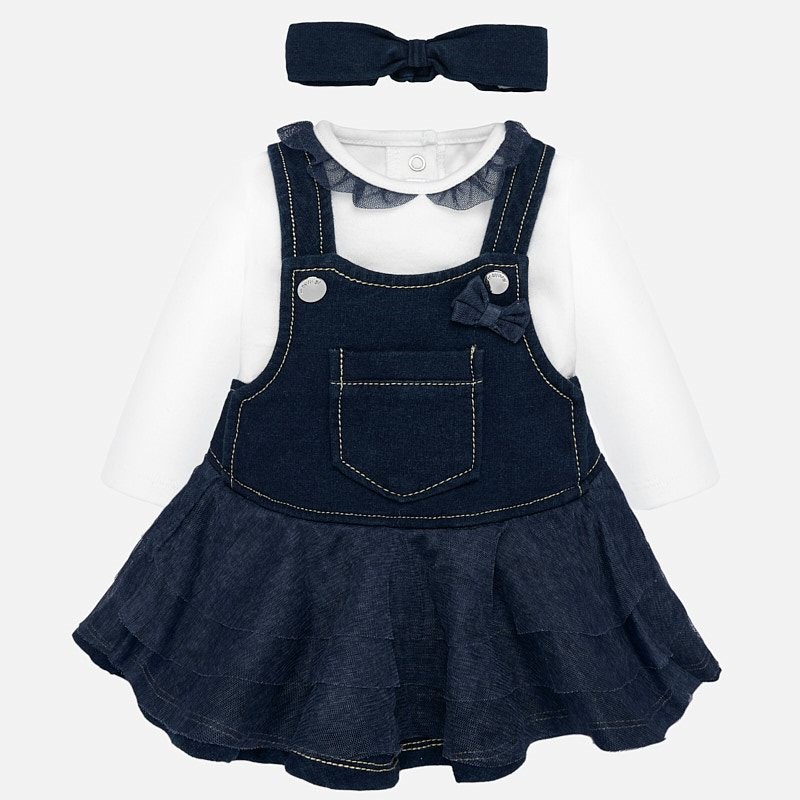 Mayoral Kışlık Kız Bebek Bluz Salopet Elbise Bandana 3'lü Set Mavi