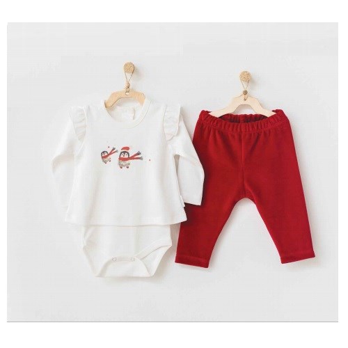 Andywawa Kışlık Kız Bebek Uzun Kol Body Kadife Pantolon Set Kırmızı