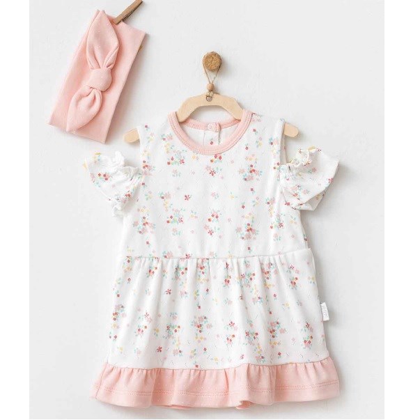 Andywawa Kız Bebek Pembe Bandana Çiçekli Elbise 2'li Set Beyaz