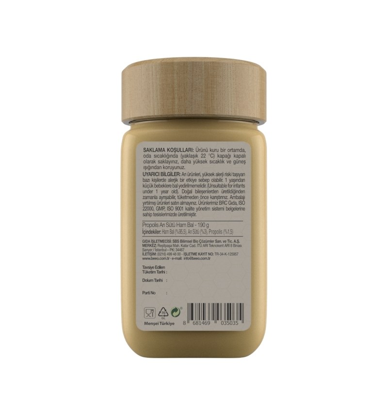 Bee'o Propolis+Arı sütü+ Ham Bal karışımı (PAB) Yetişkinler için 190 gr 
