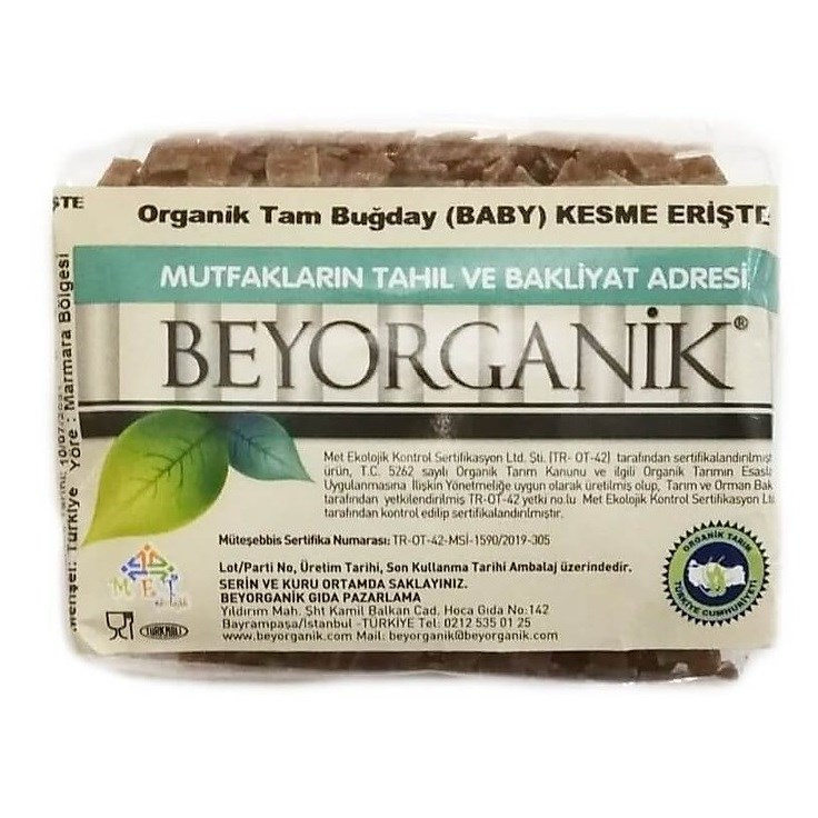BEYORGANİK Organik Tam Buğday Baby Kesme Erişte 250 gr-Kepekli 