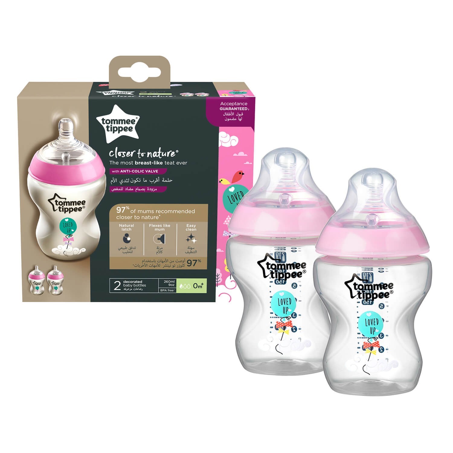 Tommee Tippee Closer To Nature Biberon 2'li Set 260 ml Pembe Orjinal