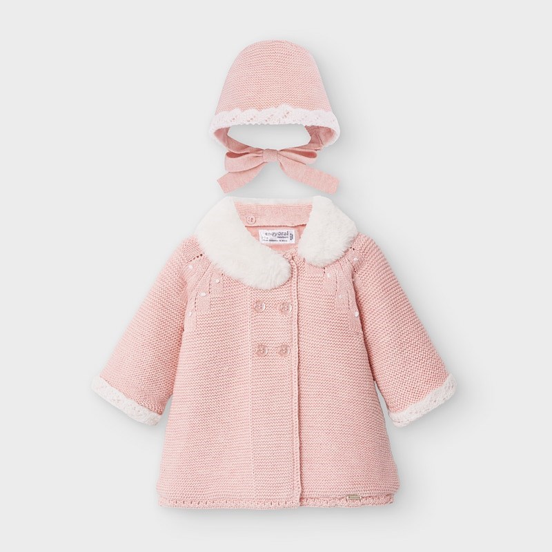 Mayoral Kışlık Kız Bebek Örme Uzun Ceket Şapka Set Pembe