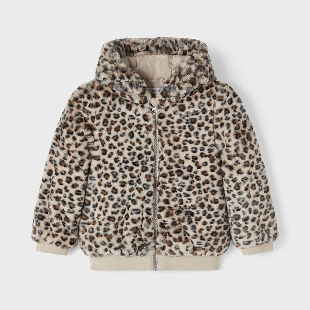 Name It Kışlık Kız Leopar Kürklü Kapşonlu Mont Krem