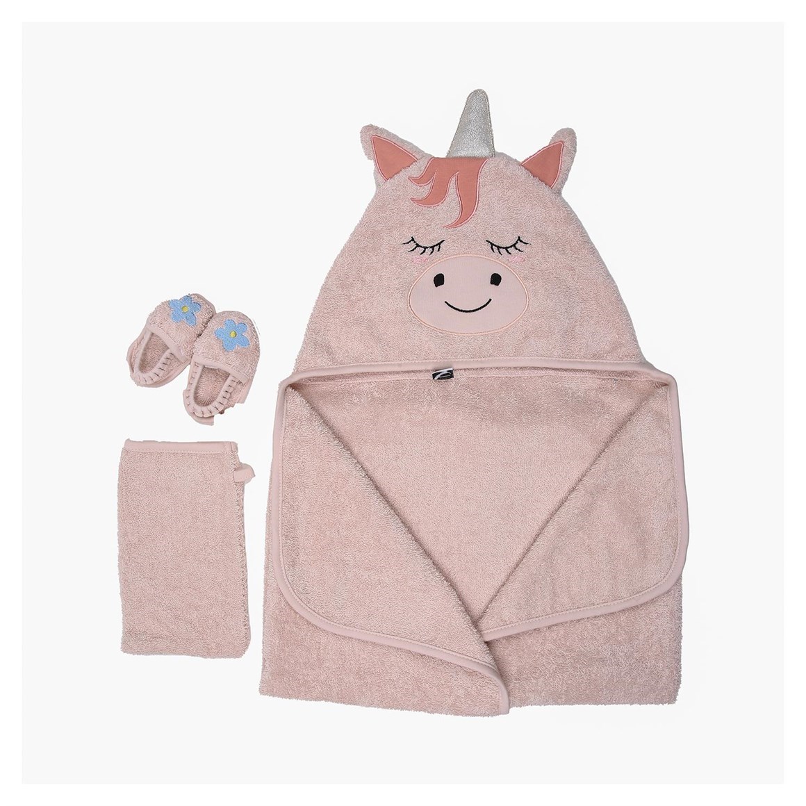 Miespiga Bebek Unicorn Desenli Kundak Havlu Kese ve Terlik 3'lü Set Pembe
