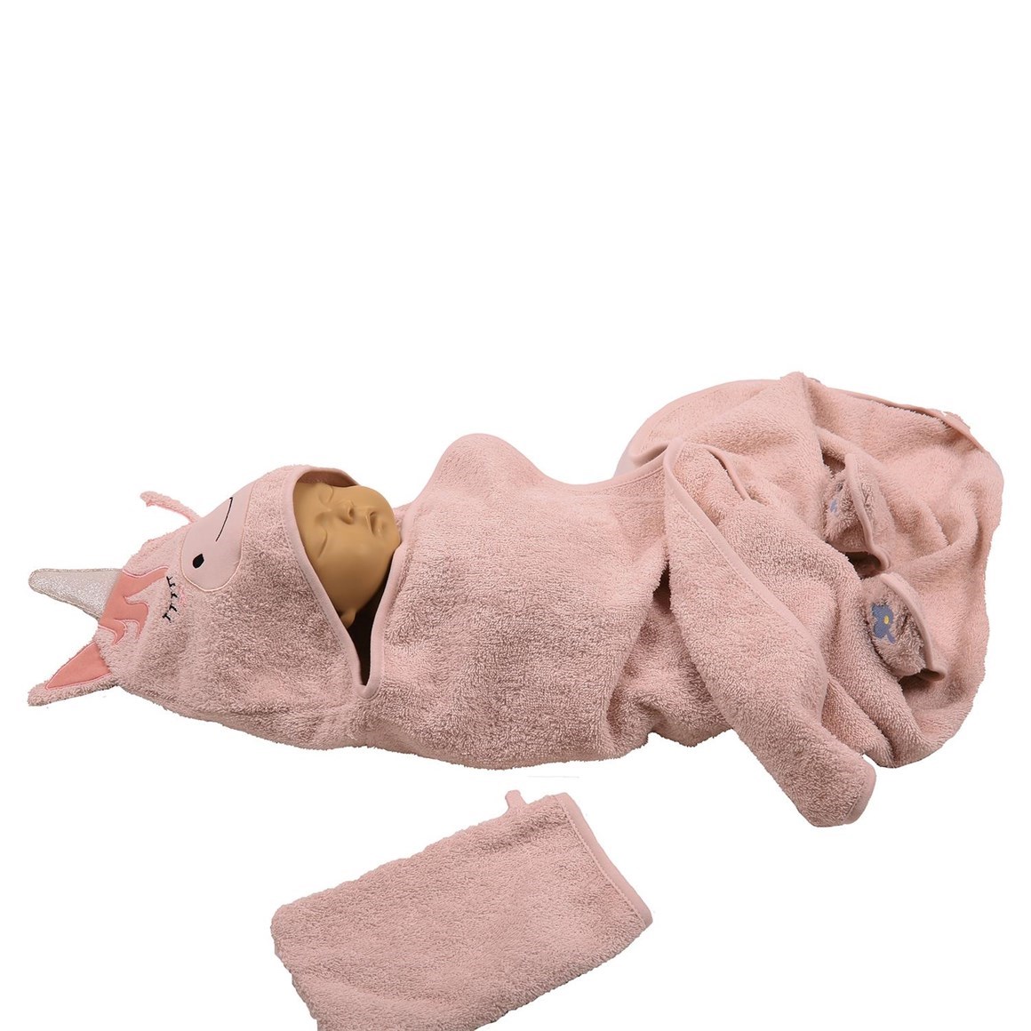 Miespiga Bebek Unicorn Desenli Kundak Havlu Kese ve Terlik 3'lü Set Pembe