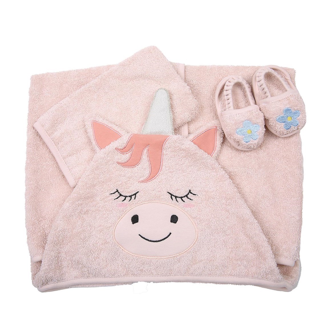 Miespiga Bebek Unicorn Desenli Kundak Havlu Kese ve Terlik 3'lü Set Pembe