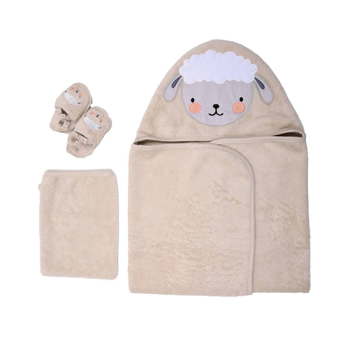 Miespiga Bebek Kuzu Desenli Kundak Havlu Kese ve Terlik 3'lü Set Krem