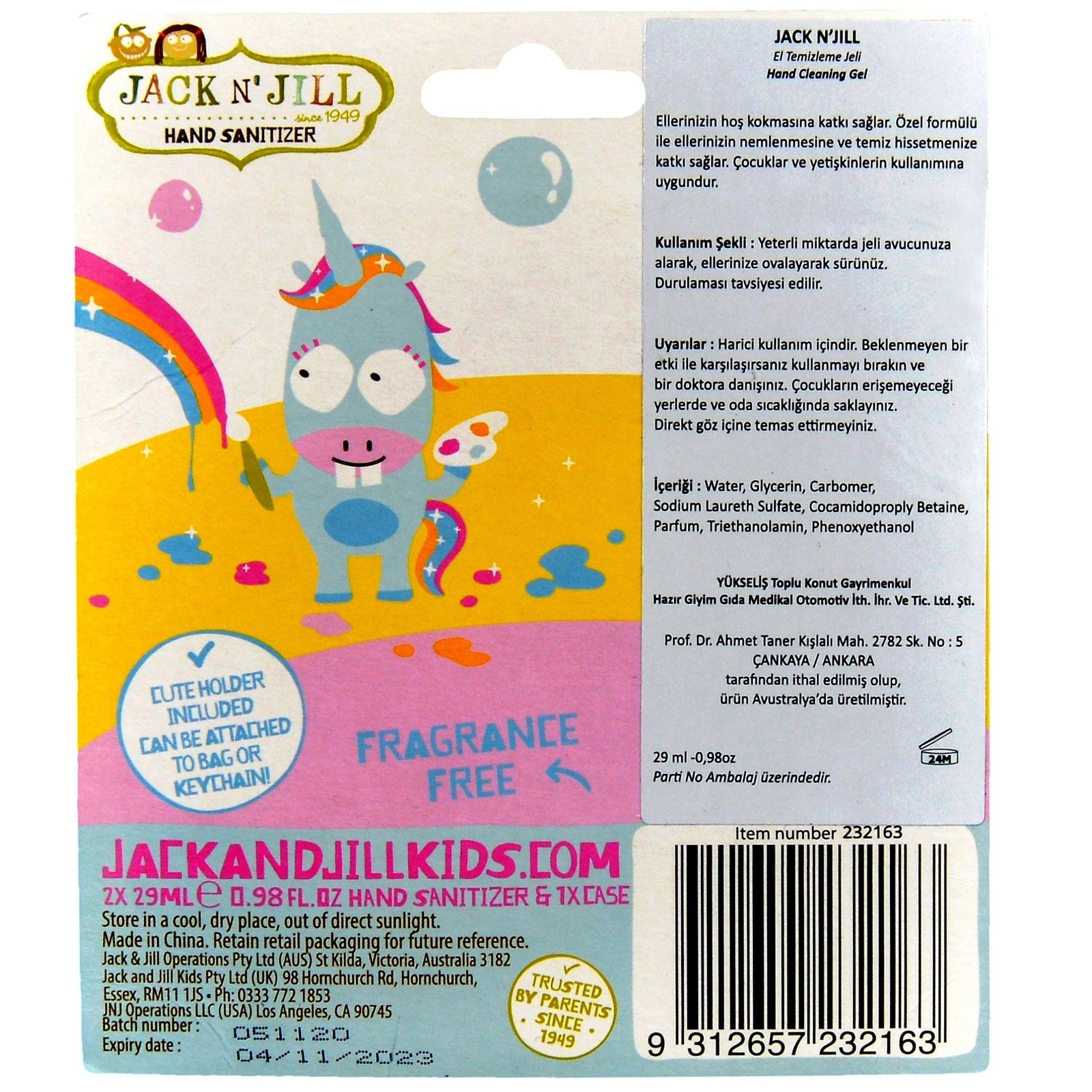 Jack N' Jill Alkolsüz El Temizleyici - Unicorn 2'li Paket (29 mL x 2 adet) 