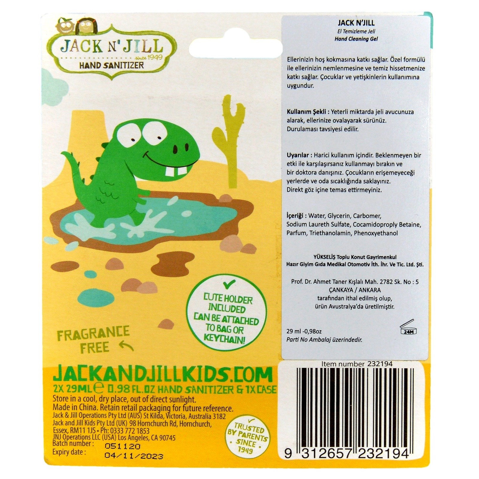 Jack N' Jill Alkolsüz El Temizleyici - Dino 2'li Paket (29 mL x 2 adet) 