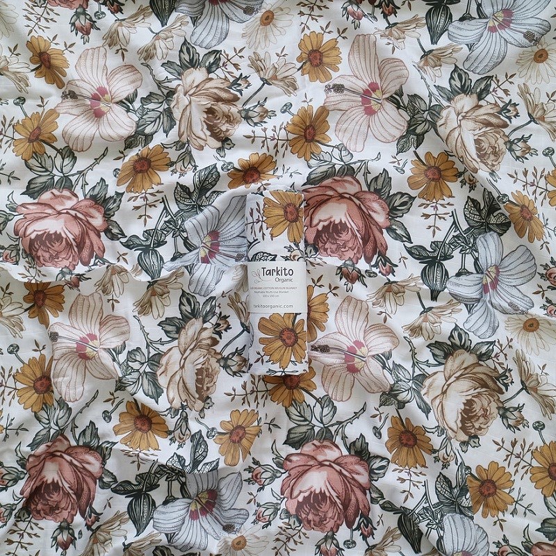 Tarkito Organic Nostaljik Çiçekler Müslin Örtü Battaniye 120x120 cm Krem