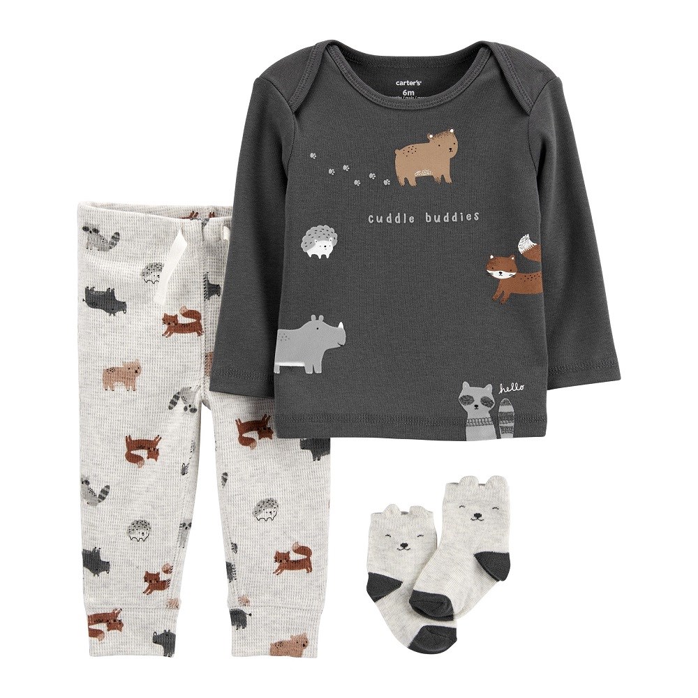 Carters Yazlık Erkek Uzun Kol T-shirt Eşofman Altı ve Çorap 3'lü Set Gri