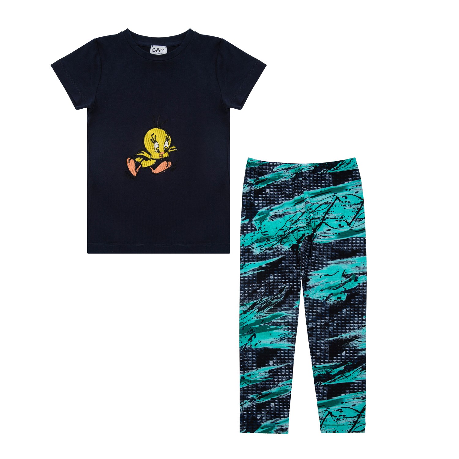 Gami Yazlık Kız Kısa Kol T-shirt Tayt 2'li Set Koyu Mavi