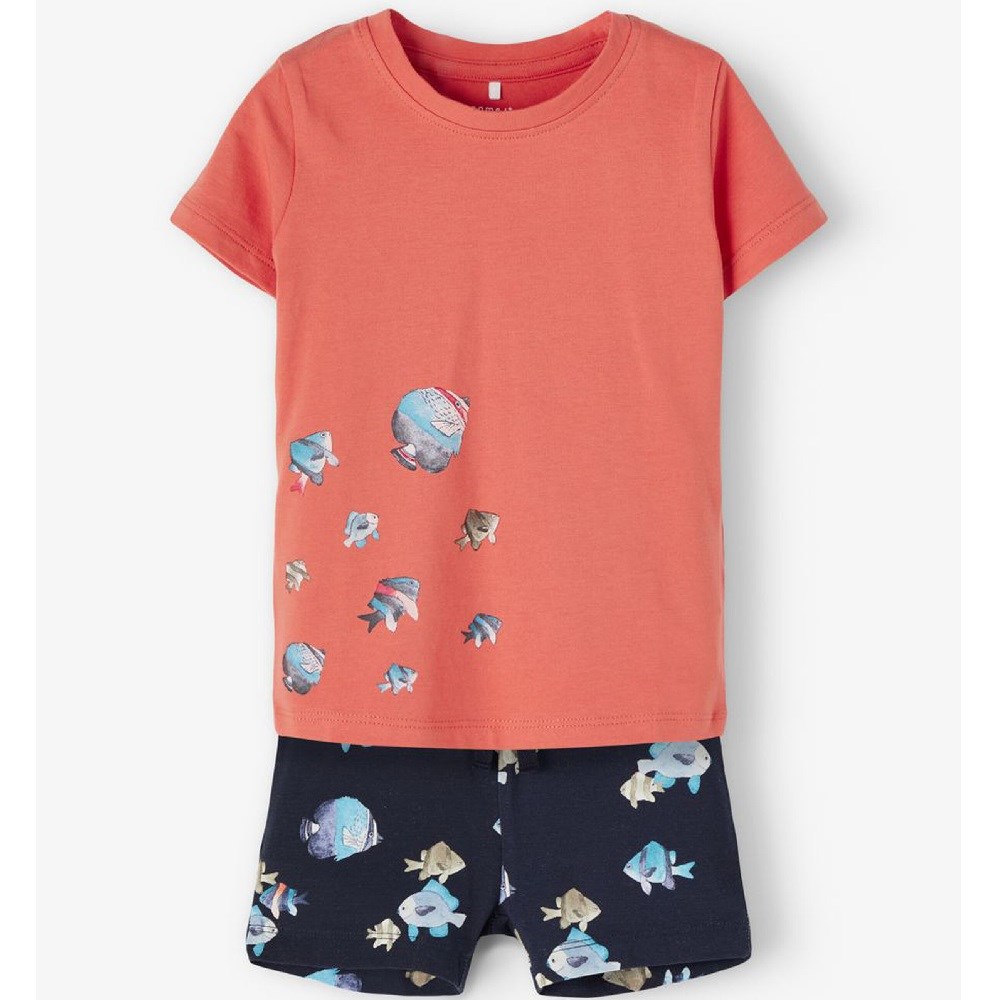 Name It Erkek Yazlık Organik Kısa Kollu Tshirt Şort ve Şapka 3'lü Set Koyu Mavi