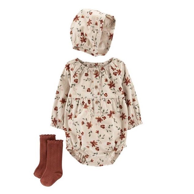Carters Kız Bebek Tulum Şapka 3'lü Set Kahverengi 