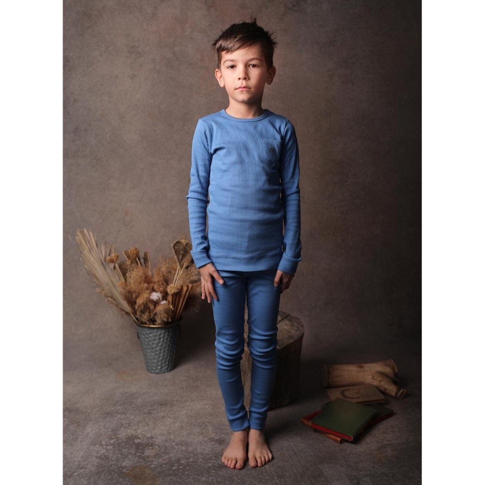 Adelie's Organik Pamuklu Fitilli Uzun Kol T-Shirt ve Tayt Takım Mavi