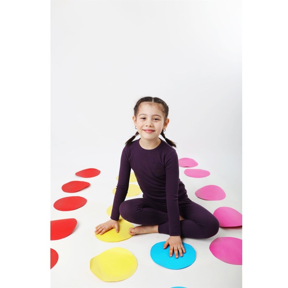 Adelie's Organik Pamuklu Fitilli Uzun Kol T-Shirt ve Tayt Takım Mor