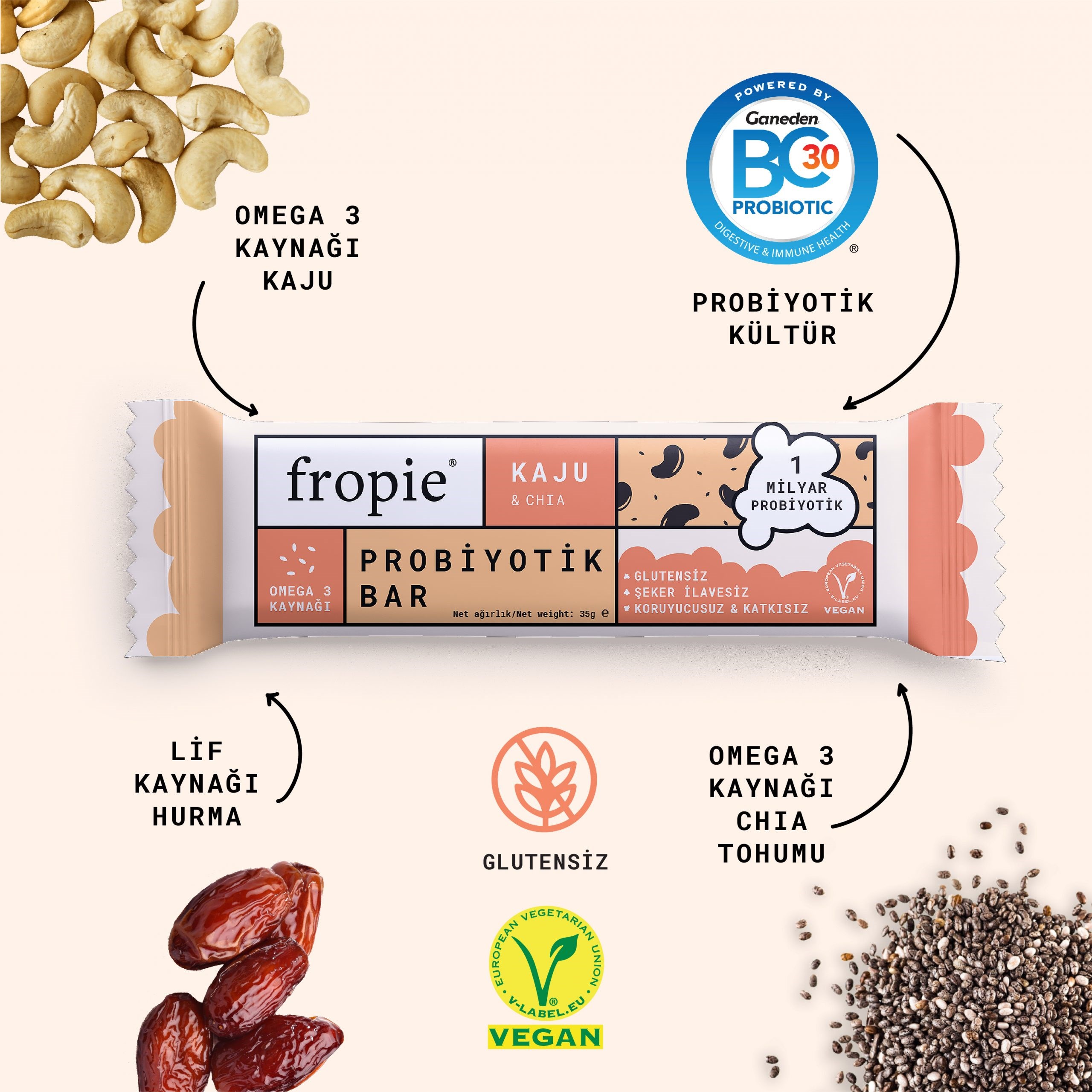 Fropie Probiyotik Bar Kaju ve Chia 35 gr 