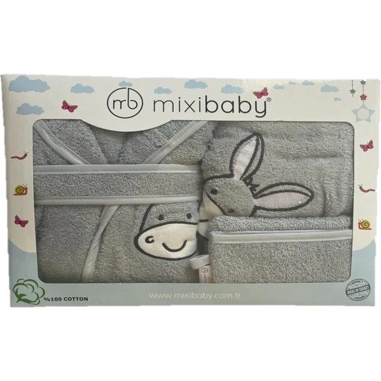 Mixibaby Havlu Bornoz 3'lü Set Gri