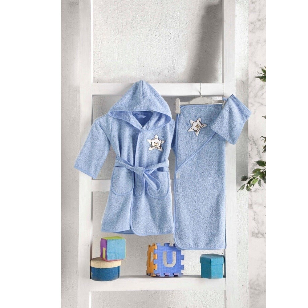 Mixibaby Havlu Bornoz 3'lü Set Mavi