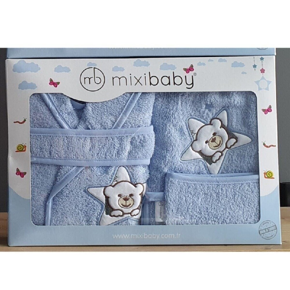 Mixibaby Havlu Bornoz 3'lü Set Mavi