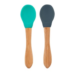 OiOi Silikon Mama Kaşığı 2'li Bambu Saplı Aqua Green/Deep Blue