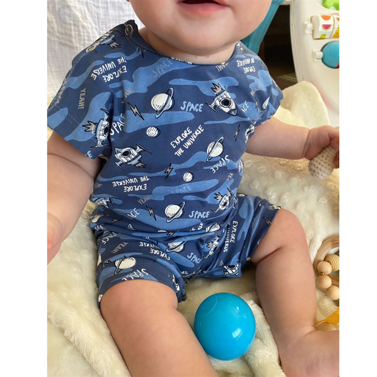 Mama Yoyo Yazlık Erkek Kısa Kollu Pijama Tulum - Space Mavi