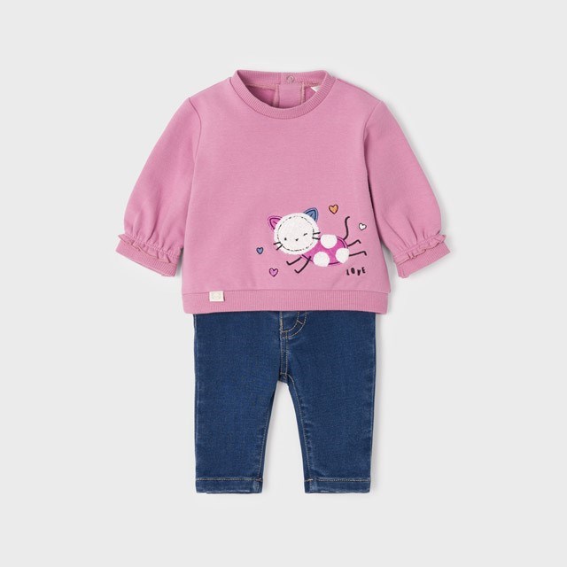 Mayoral Kışlık Kız Bebek Uzun Kol S-shirt ve Denim Pantolon 2'li Set Mor