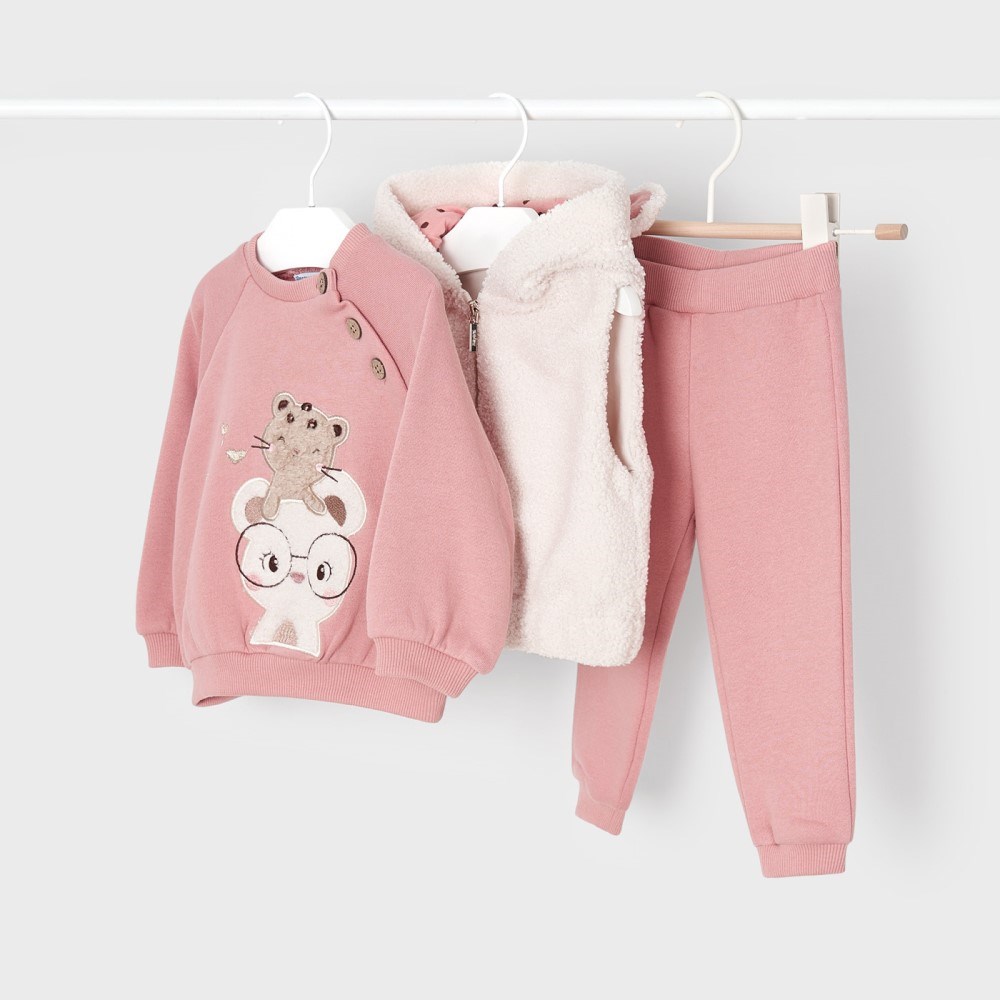 Mayoral Kışlık Kız Bebek Yelek Uzun Kol S-shirt Eşofman 3'lü Set Pembe