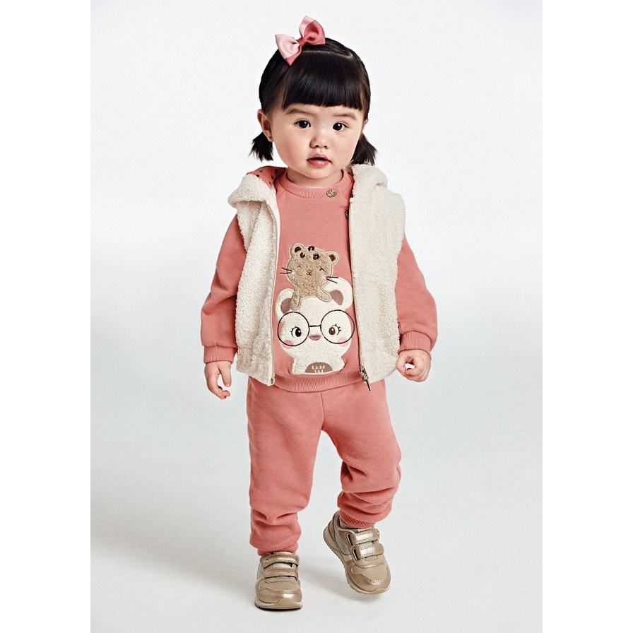 Mayoral Kışlık Kız Bebek Yelek Uzun Kol S-shirt Eşofman 3'lü Set Pembe