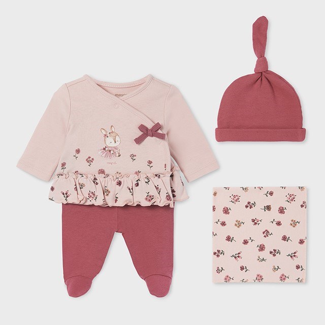 Mayoral Kışlık Kız Bebek Patikli Pantolon Bluz Bere Set Pembe