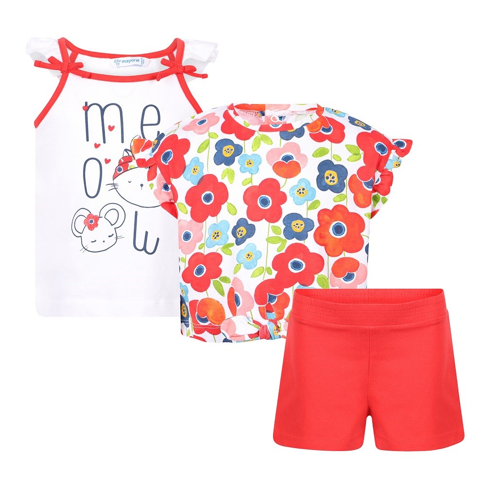 Mayoral Yazlık Kız Bebek Askılı Bluz T-shirt Şort 3'lü Set Kırmızı