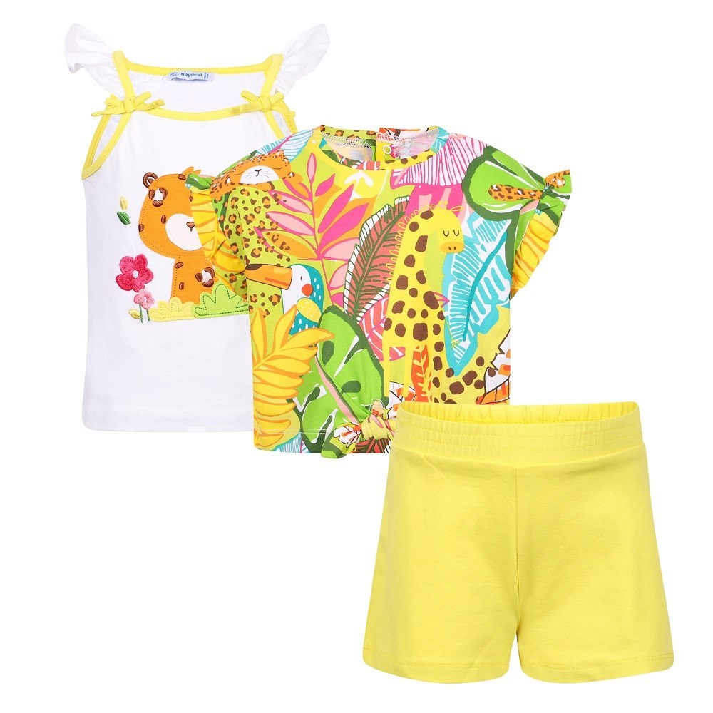 Mayoral Yazlık Kız Bebek Askılı Bluz T-shirt Şort 3'lü Set Sarı