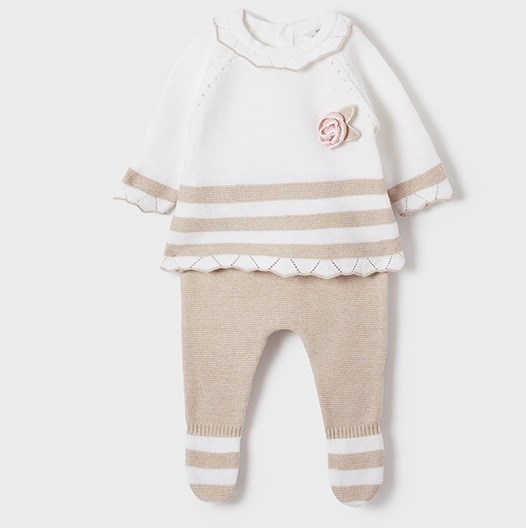 Mayoral Yazlık Kız Bebek Örme Bluz Patikli Pantolon Set Krem