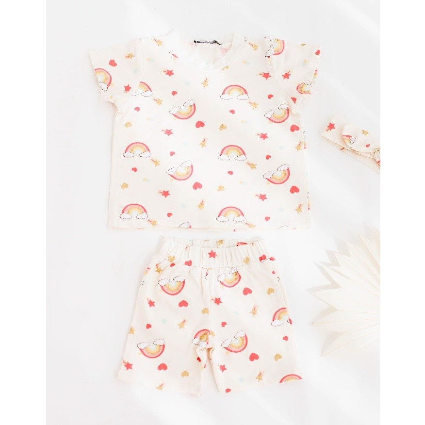 JustBaby Yazlık Sim Detaylı Baskılı Tshirt Şort Takım Krem